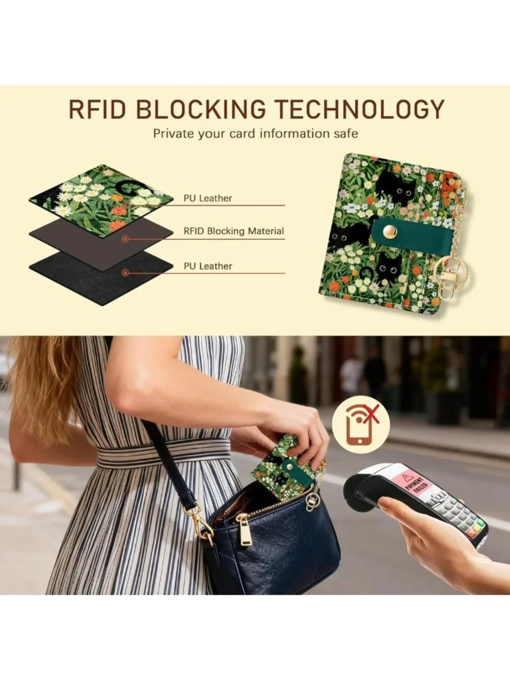 Floral Black Cat RFID Women’s Wallet | Small Slim Credit Card Holder